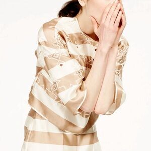 Tibi 100% silk striped embroidered top XS button back blouse stripes embroidery